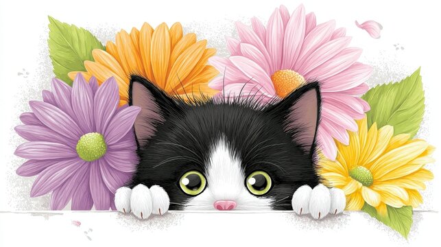 Cute Black and White Cat Peeking Behind Colorful Flower Bouquet