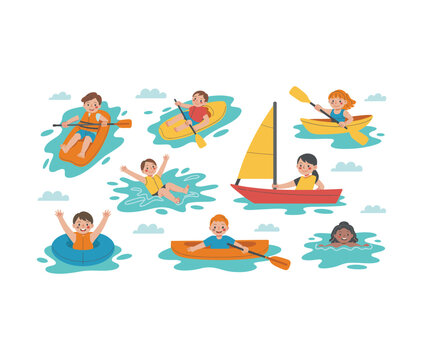 Children enjoying summer water activities with kayaking, swimming, boating and outdoor recreation illustration collection