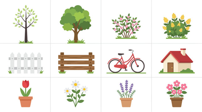 Garden elements and botanical icons are displayed in a clean grid layout for various spring seasonal design projects.