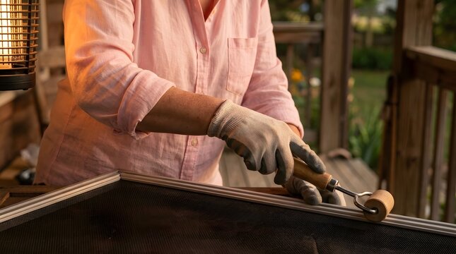 A person in gloves repairs a window screen using a spline roller tool on a deck in warm sunset light..