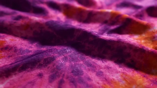 Cinematic macro shot of silky tie dye fabric rippling in gentle waves with vivid purple pink and orange hues