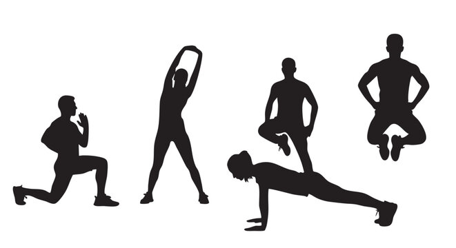 Four silhouetted people performing squats and lunges in black and white exercise fitness