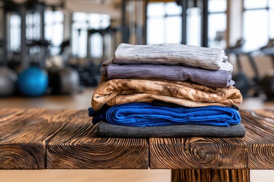Stack of folded athletic clothing on a rustic wooden table in a modern gym setting