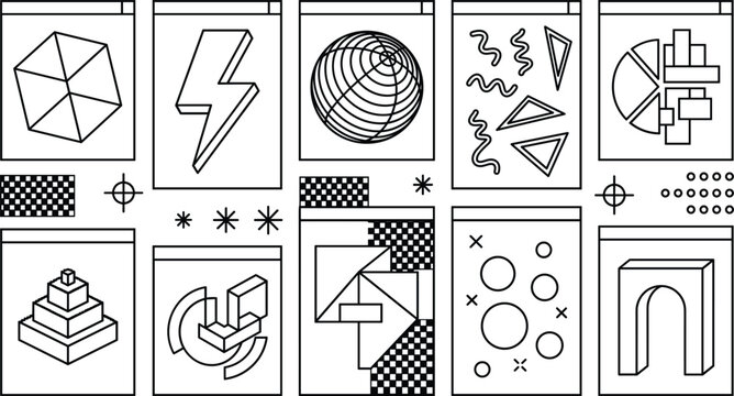Abstract geometric brutalist browser window icon set featuring wireframe shapes grid patterns lightning bolts cubes and archway