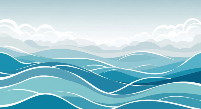 Abstract Blue Ocean Waves with Cloudy Sky Background