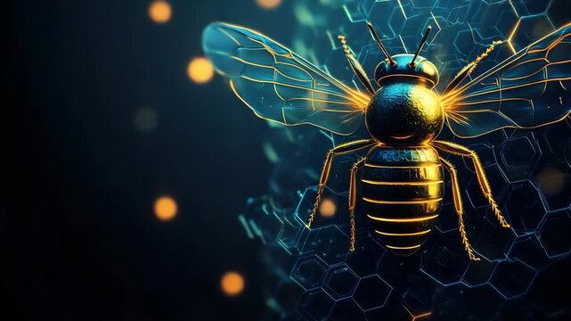 Bees move around in a dark space filled with honeycomb. Their wings and bodies glow as they fly. The focus is on their details and the vibrant environment