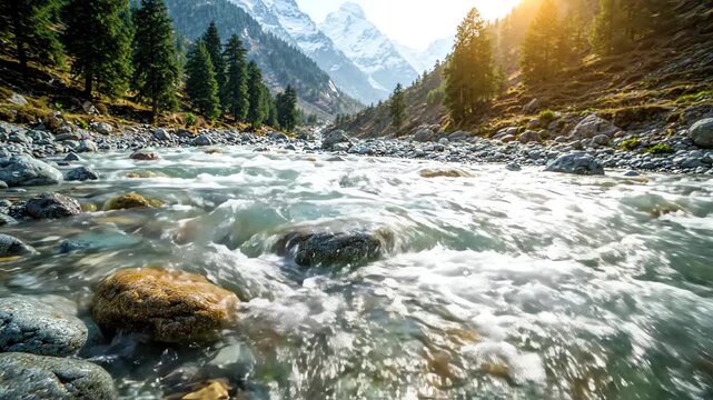 Cinematic slow motion shot of crystal clear water rushing over smooth stones in the sacred Ganges river at the Himalayan foothills of Gangotri