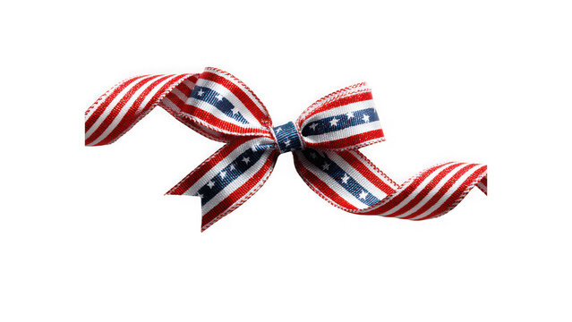 Patriotic fabric ribbon bow with red white and blue stars and stripes pattern for holiday decoration on transparent background