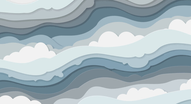 Abstract layered waves in cool blue and grey tones with soft white clouds