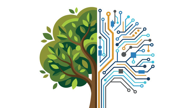 Tree split between organic nature on one side and electronic circuit board patterns on the other side isolatedly.