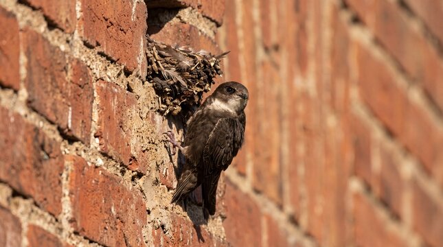 Common swift nestling clinging to an old red brick wall by its nest