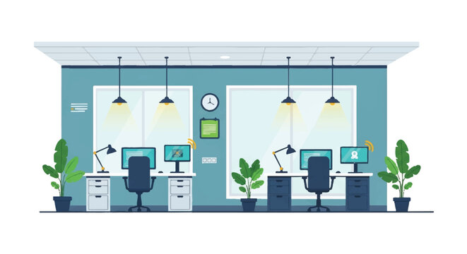 Modern open-plan office workspace featuring desks, computers, plants, and ambient lighting for a collaborative environment.