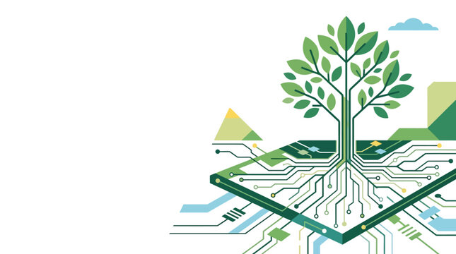Technology tree grows from a circuit board representing the fusion of digital innovation and organic growth.