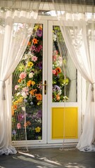 Obraz premium Elegant white french doors adorned with sheer curtains opening to a vibrant spring garden filled with colorful blossoms, warm sunlit atmosphere, romantic floral aesthetic, soft focus, home decor.