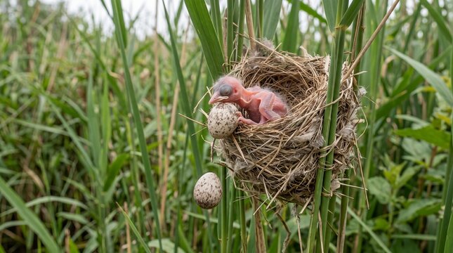 Cuckoo chick parasite pushing host egg out of the nest in wild reeds