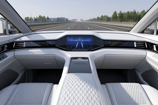 Futuristic car interior with a large digital dashboard displaying navigation and a view of the highway ahead.