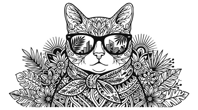 Cool cat wearing stylish sunglasses with urban reflections in a zentangle and mandala style coloring page with intricate floral patterns