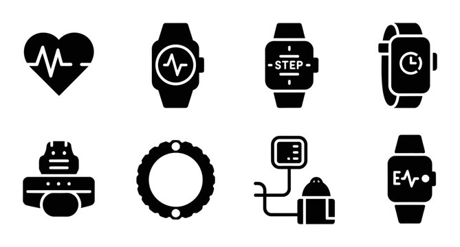 Smartwatch Health Icons, Fitness Tracker Gadgets, Heart Rate Monitor, Step Counter, Vector Set for Wellness Apps and Technology Concepts