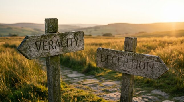 Old wooden signs for veracity and deception on rural countryside path.