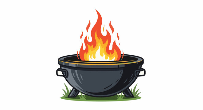 A cartoonish illustration of a black fire pit with bright orange and yellow flames