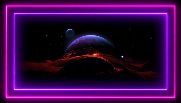 Cosmic landscape Red hills under a large planet, stars fill the space. Neon purple frame highlights the scene