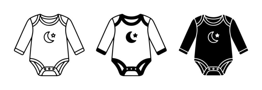 Baby Bodysuit Vector Icons: Crescent Moon & Star Designs, Black and White Styles