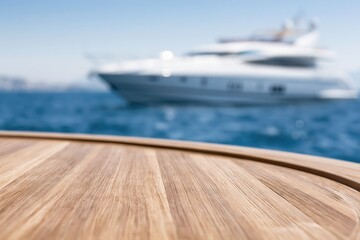 Fototapeta premium Close-up of a wooden deck in the foreground with a luxury yacht sailing on the blue ocean in the background.