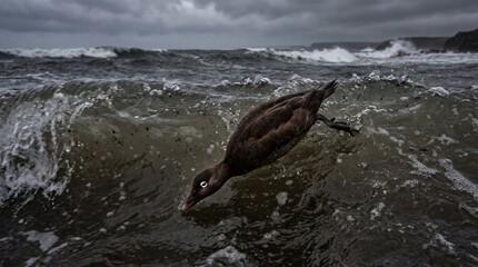 Obraz premium Common Scoter Male Diving in Rough Dark Sea Waves Surface