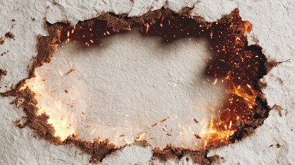 Fototapeta premium burnt torn paper frame with glowing fire edges, white textured background, charred paper border, glowing embers and sparks flying