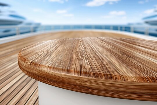 Close-up of a textured wooden deck on a luxury yacht with yachts and blue sky in the background.