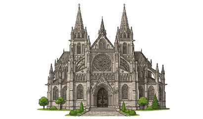 Set of ancient Gothic style churches with domes, crosses, windows and street lamps in vintage cartoon architecture illustration vector design © MstLutfa