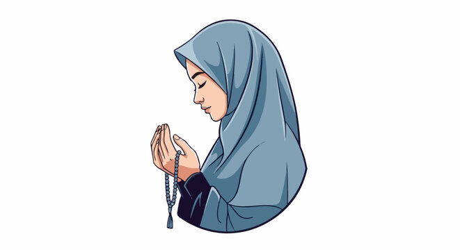 Woman wearing hijab in prayer, holding prayer beads