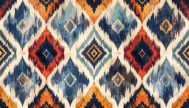 Colorful rhombus pattern with distressed texture in hues of blue, orange, red, and off-white