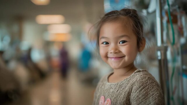 Smiling young Asian girl waiting for a medical checkup at a hospital, representing healthcare access, patient care, preventive medicine, well-being, and equitable health services.