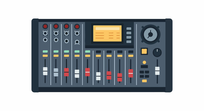 A flat graphic illustration of a sound mixing console with faders and controls