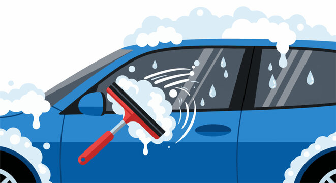 A blue car is being washed with soap and water, with a squeegee cleaning the window