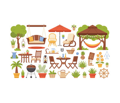 Outdoor garden furniture collection with backyard patio decor, gazebo relaxation and cozy leisure illustration