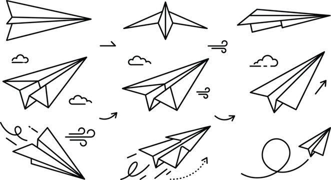 Paper airplane flight and creative startup launch line icon set with origami planes clouds wind trails and arrows