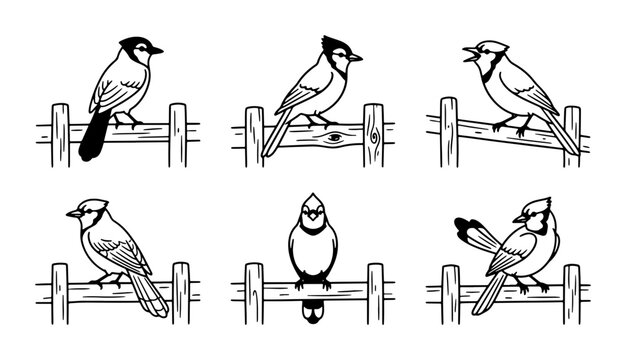 Blue Jay Illustrations, Set of 6, Perched on Wooden Fence, Line Art Style