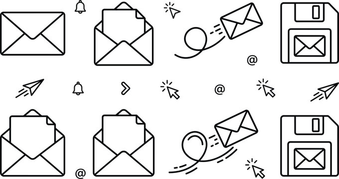 Email communication and digital data storage line icon set with envelope paper letter paper plane and floppy disk