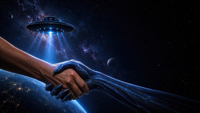 First contact between humans and extraterrestrials in deep space with a futuristic UFO spacecraft, interstellar alliance, galactic diplomacy, cosmic cooperation, and the future of humanity