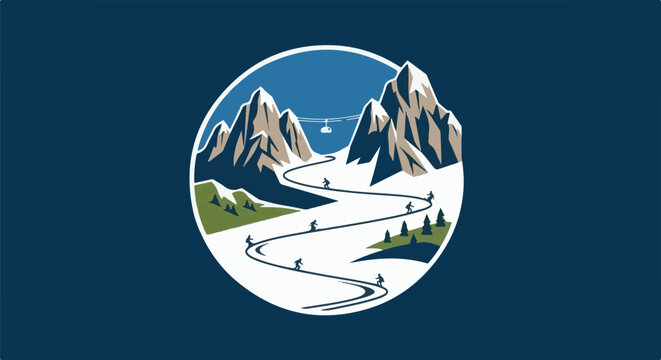Stylized mountain scene with skiers and a cable car, set against a dark blue background