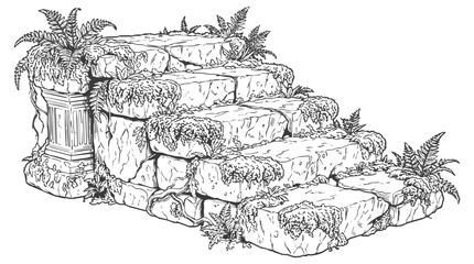 Obraz premium Jungle forest - Detailed line art illustration of ancient stone stairs with overgrown moss and wild ferns leading to antique ruins in a secret