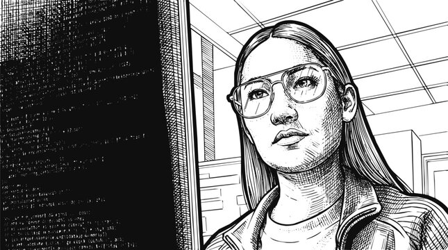 A focused woman programmer engaged in coding while wearing glasses, depicting a professional software developer working in an office environment.