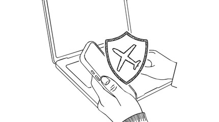 Fototapeta premium Secure Travel Insurance Shield for Flight Protection while using Smartphone and Laptop for online bookings.