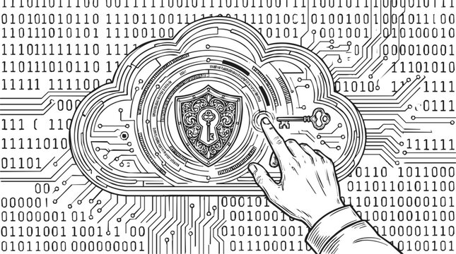 Advanced Cloud Security Concept Illustration featuring Cyber Protection with Data Encryption Shield and Binary Code for Robust Network Safety