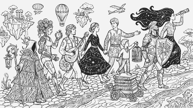 Intricate Fantasy Adventure Journey Featuring Diverse Characters on a Detailed Coloring Page with Wizard Knight and Surreal Floating Islands