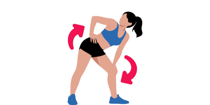 Woman doing a side stretch exercise in a blue sports top and black shorts illustration