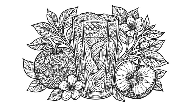 Intricate mandala apple cider juice with blossom flowers and botanical leaves in a zen coloring book style line art illustration