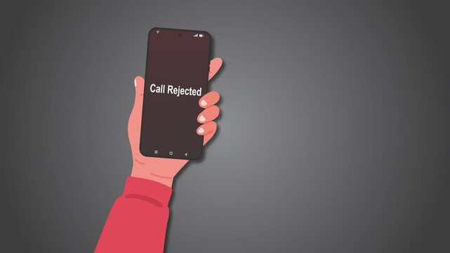 Hand holding a smartphone with an incoming call from an unknown number on the screen and then call rejected